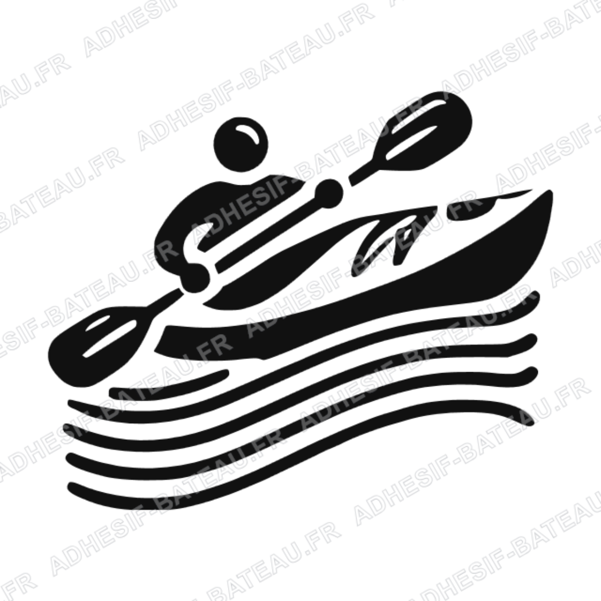 Sticker représentant un kayakiste pagayant dans un kayak au milieu de vagues stylisées, en design graphique noir.