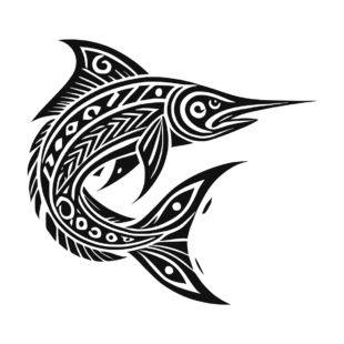 Sticker noir représentant un marlin stylisé avec des motifs tribaux détaillés