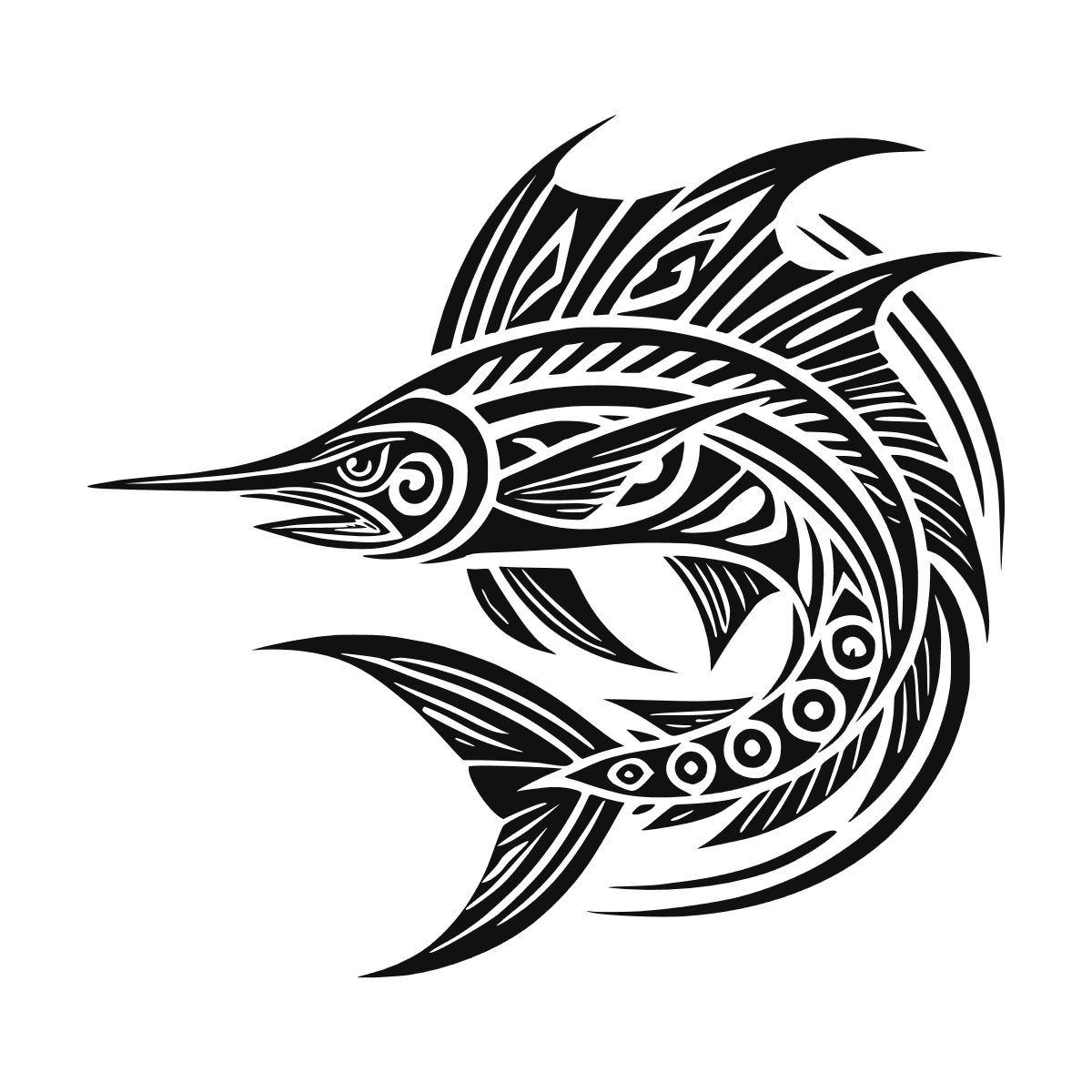 Sticker noir représentant un marlin au corps courbé, orné de motifs tribaux détaillés