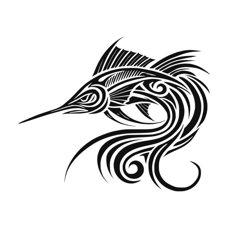 Sticker noir représentant un marlin stylisé avec des lignes tribales fluides et une longue nageoire dorsale