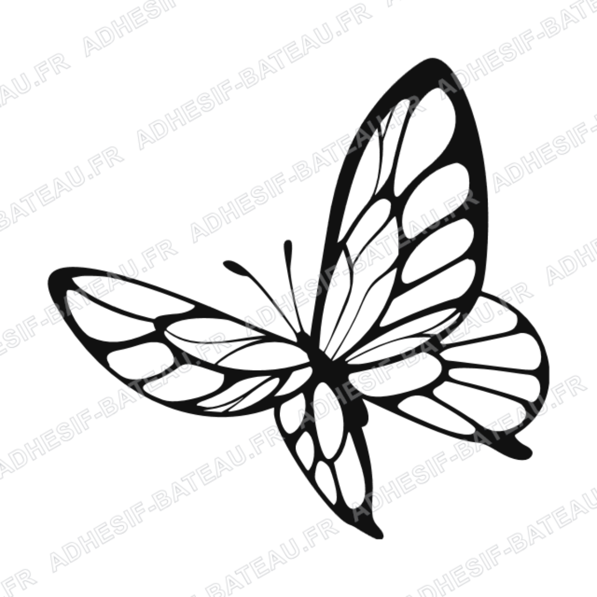 Sticker représentant un papillon stylisé aux ailes ouvertes avec un motif graphique noir.