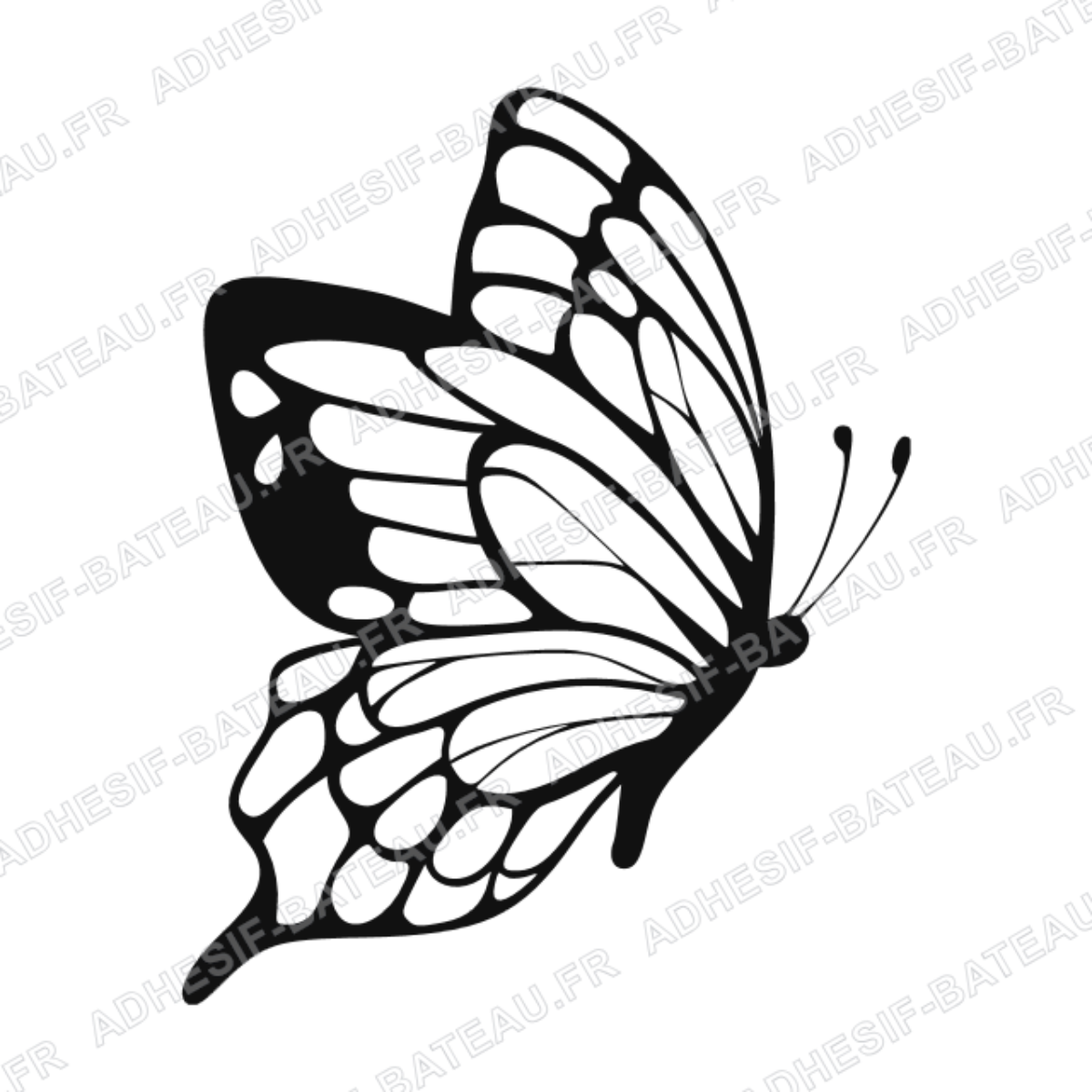 Sticker représentant un papillon stylisé en vol avec des ailes ajourées dans un design graphique noir.