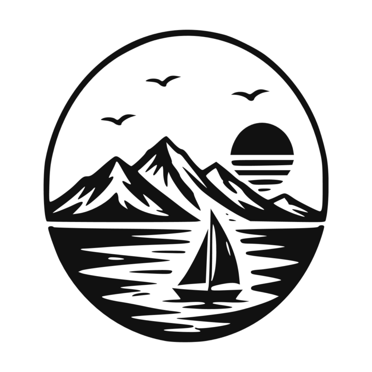 Illustration d'un paysage marin avec montagnes, voilier et coucher de soleil.