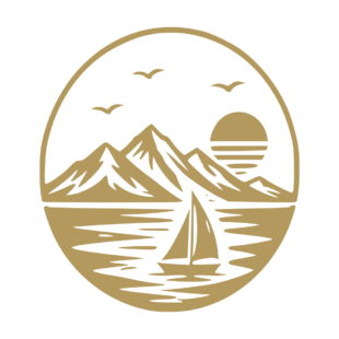 Illustration d'un paysage marin avec montagnes, voilier et coucher de soleil. - Imitation Or