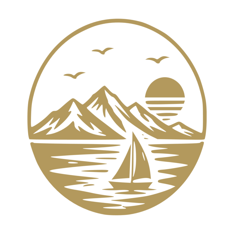 Illustration d'un paysage marin avec montagnes, voilier et coucher de soleil. - Imitation Or