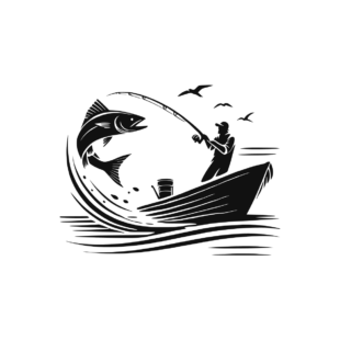 Sticker noir représentant un pêcheur en bateau à moteur face à un bar bondissant au-dessus des vagues