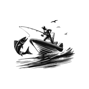 Sticker noir représentant un pêcheur en bateau à moteur face à un bar bondissant hors de l’eau
