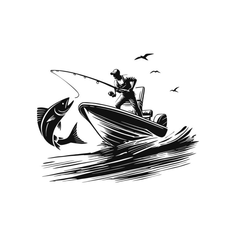 Sticker noir représentant un pêcheur en bateau à moteur face à un bar bondissant hors de l’eau
