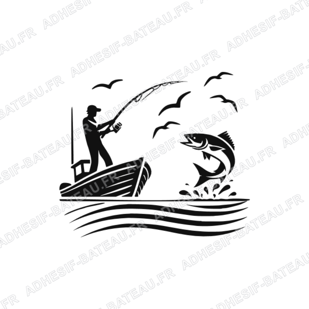 Sticker noir représentant un pêcheur en bateau face à un loup bondissant au-dessus des vagues