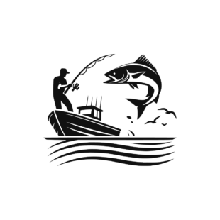 Sticker noir représentant un pêcheur en bateau face à un loup bondissant au-dessus des vagues