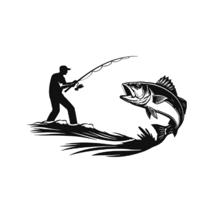 Sticker noir représentant un pêcheur au loup depuis le rivage face à un poisson bondissant