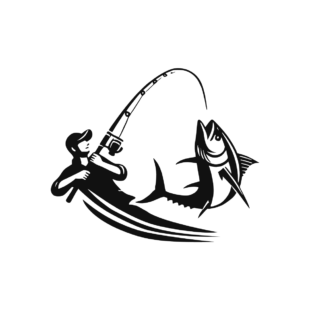 Sticker noir représentant un pêcheur à la canne face à un marlin bondissant hors de l’eau