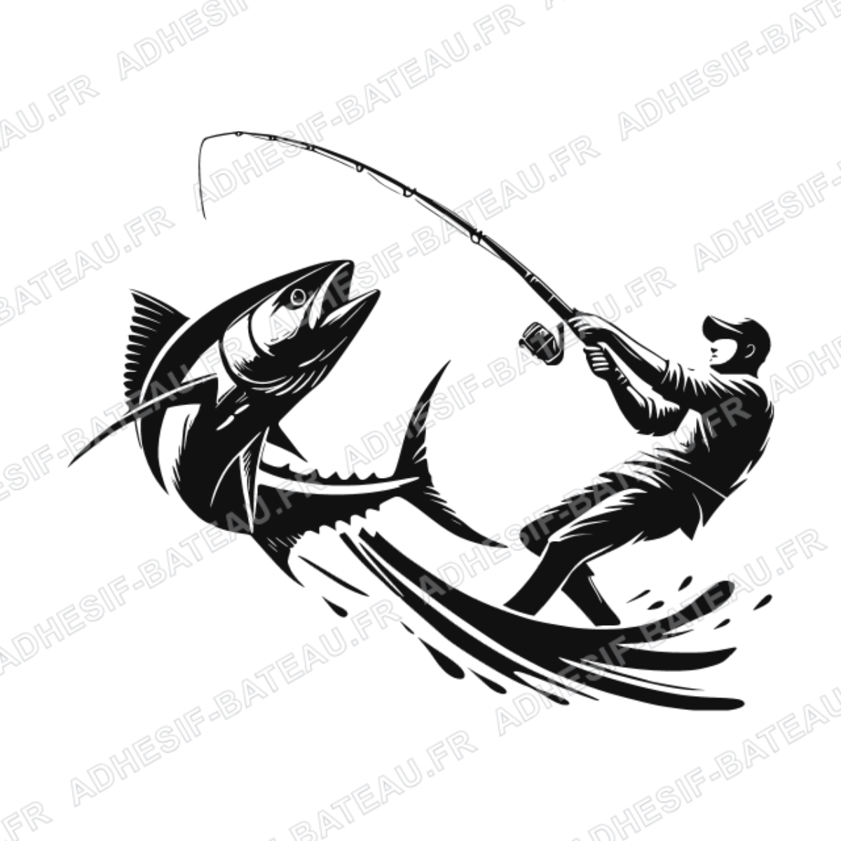 Sticker représentant un pêcheur combattant un thon en plein saut avec une canne à pêche, dans un style graphique noir.