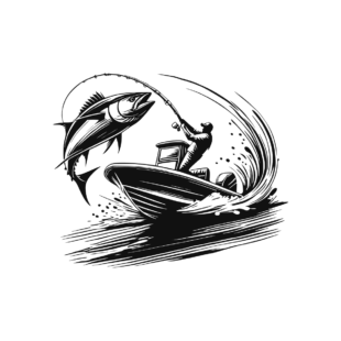 Sticker noir représentant un pêcheur en bateau combattant un thon bondissant hors de l’eau