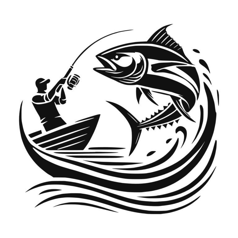 Sticker noir montrant un pêcheur en bateau face à un thon bondissant au-dessus des vagues