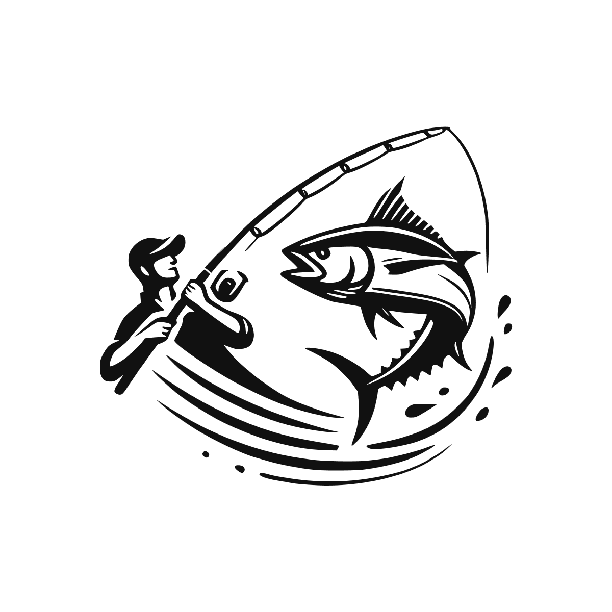 Sticker noir représentant un pêcheur à la canne face à un thon bondissant hors de l’eau