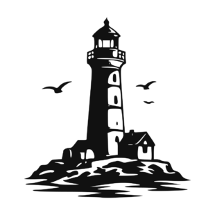 Sticker noir représentant un phare côtier sur un îlot rocheux avec une maison et des oiseaux