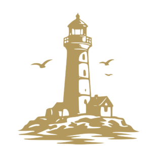 Sticker noir représentant un phare côtier sur un îlot rocheux avec une maison et des oiseaux - Imitation Or