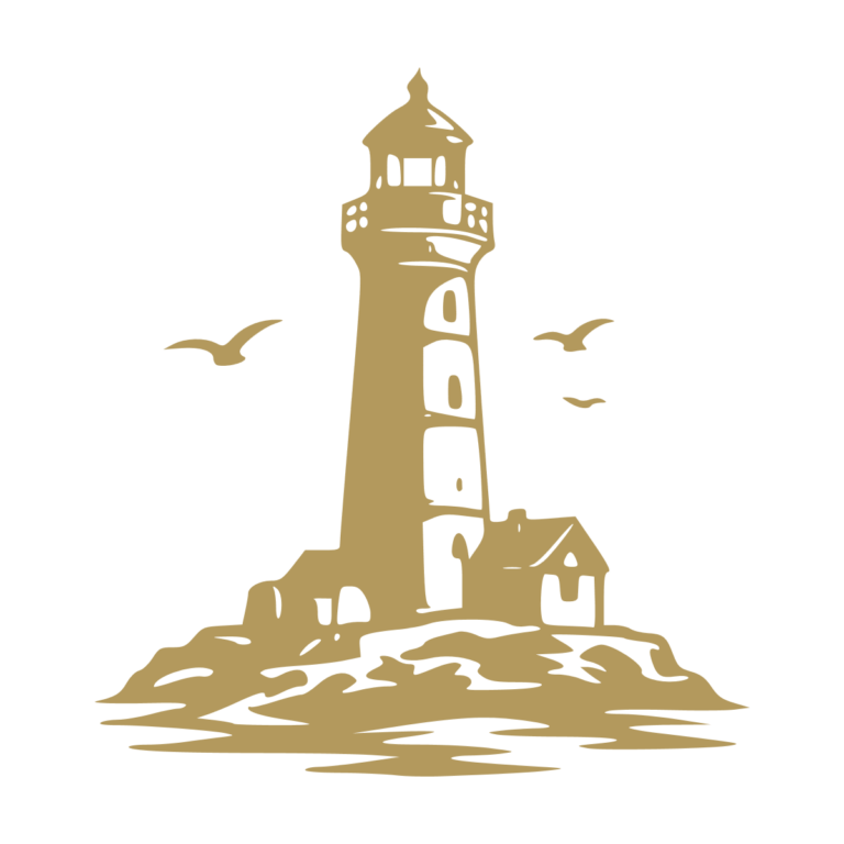 Sticker noir représentant un phare côtier sur un îlot rocheux avec une maison et des oiseaux - Imitation Or