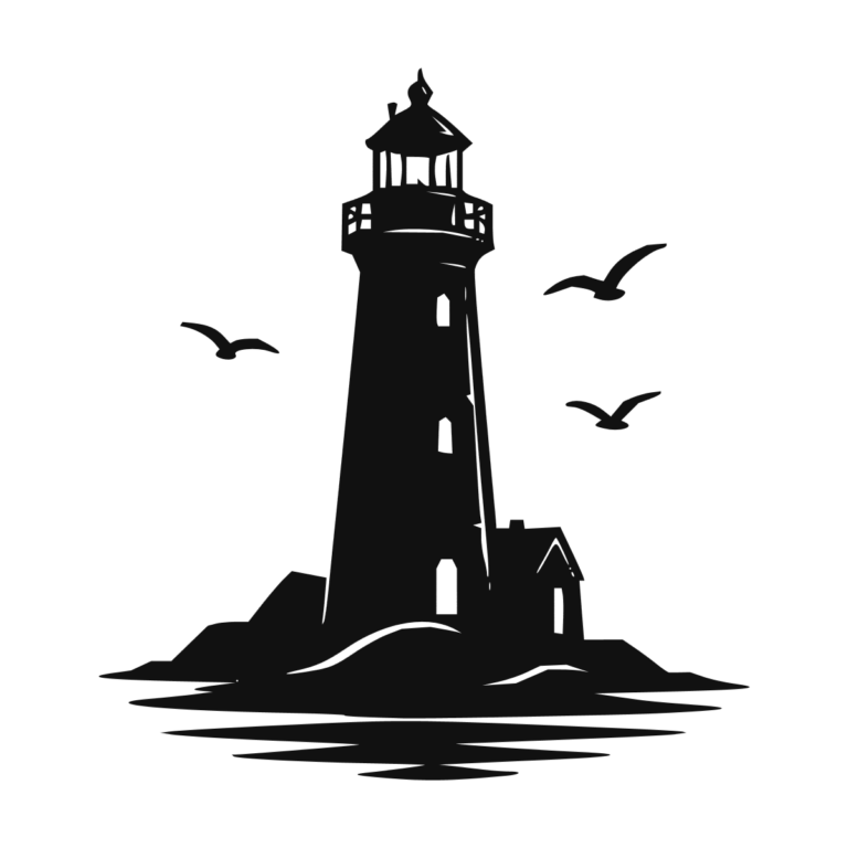 Sticker noir représentant un phare marin sur un îlot rocheux avec des oiseaux en vol