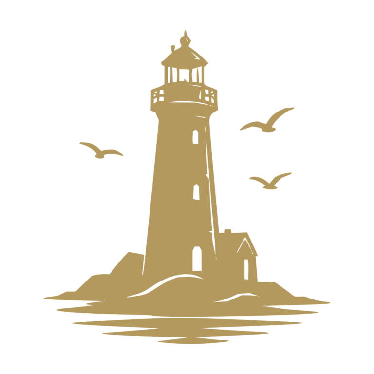 Sticker noir représentant un phare marin sur un îlot rocheux avec des oiseaux en vol - Imitation Or