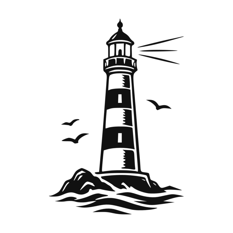 Illustration d'un phare marin sur un rocher au bord de l'océan.