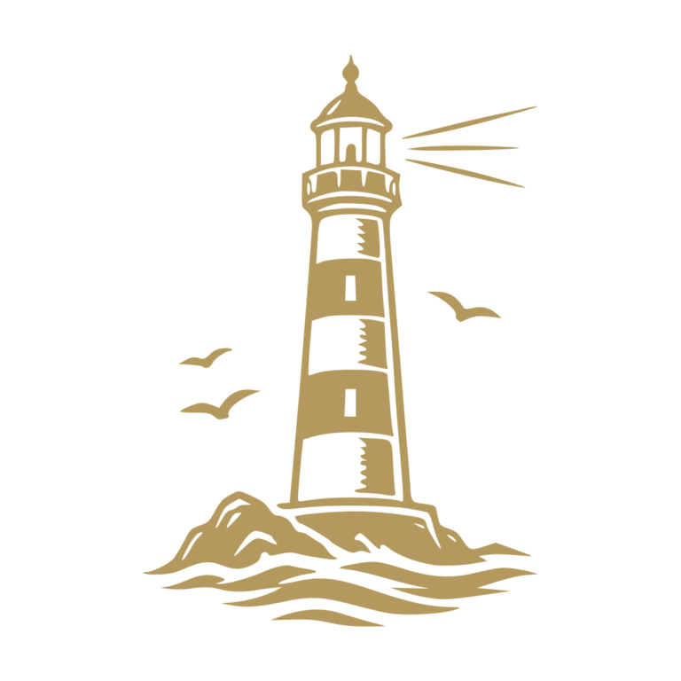 Illustration d'un phare marin sur un rocher au bord de l'océan. - Imitation Or