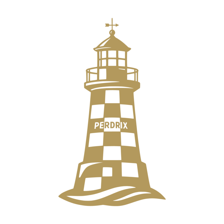 Sticker représentant le phare de la Perdrix avec sa livrée à damier noir et blanc et son nom inscrit sur la tour. - Imitation Or
