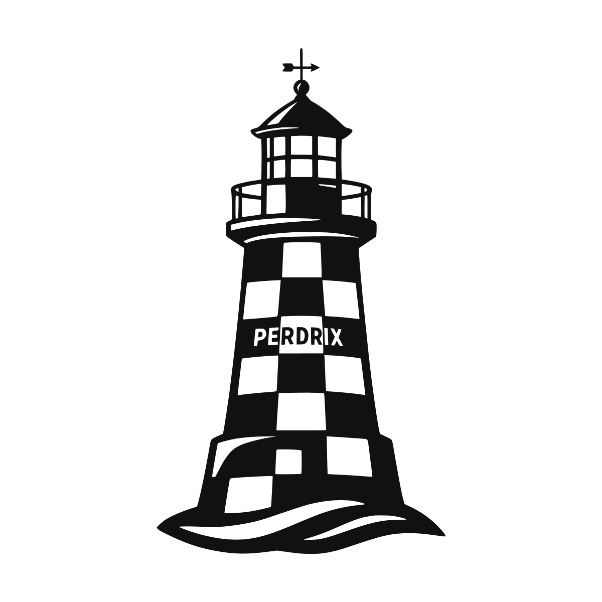 Sticker représentant le phare de la Perdrix avec sa livrée à damier noir et blanc et son nom inscrit sur la tour.