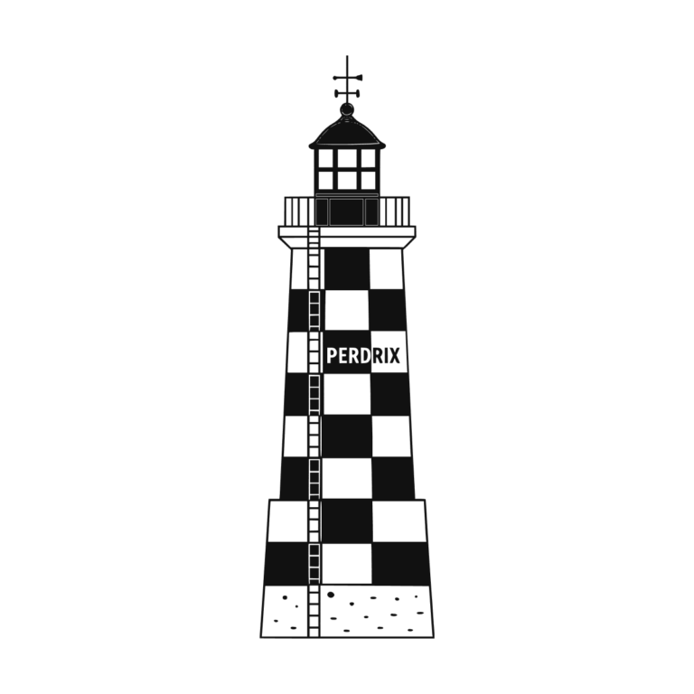 Sticker représentant le phare de la Perdrix avec son motif à damier noir et blanc, son échelle extérieure et son nom inscrit sur la tour.