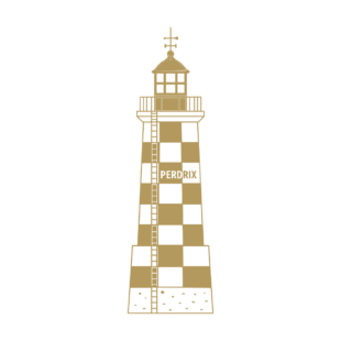 Sticker représentant le phare de la Perdrix avec son motif à damier noir et blanc, son échelle extérieure et son nom inscrit sur la tour. - Imitation Or