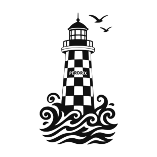 Sticker représentant le phare de la Perdrix avec sa livrée à damier noir et blanc, entouré de vagues stylisées et de deux oiseaux en vol.