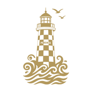 Sticker représentant le phare de la Perdrix avec sa livrée à damier noir et blanc, entouré de vagues stylisées et de deux oiseaux en vol. - Imitation Or