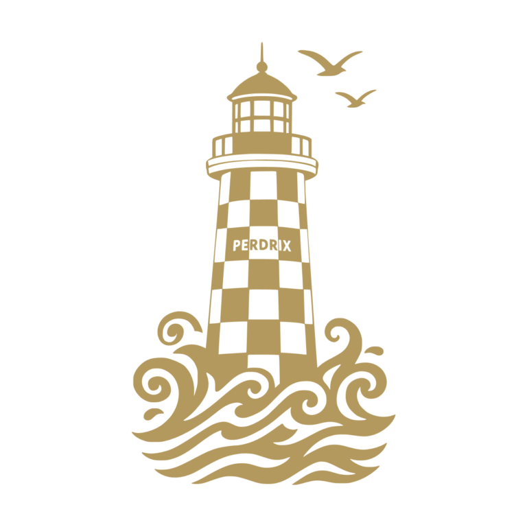 Sticker représentant le phare de la Perdrix avec sa livrée à damier noir et blanc, entouré de vagues stylisées et de deux oiseaux en vol. - Imitation Or