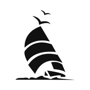 Sticker noir représentant une planche à voile stylisée accompagnée de deux oiseaux marins