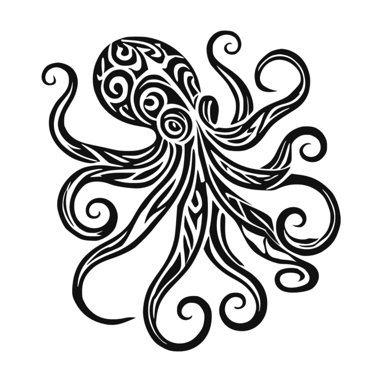 Illustration d'un poulpe stylisé aux tentacules en spirale avec des motifs tribaux noirs sur fond blanc.