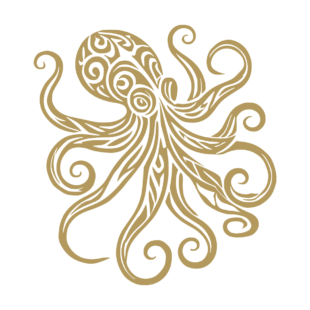 Illustration d'un poulpe stylisé aux tentacules en spirale avec des motifs tribaux noirs sur fond blanc. - Imitation Or