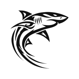 Sticker noir représentant un requin stylisé avec des lignes tribales courbes et dynamiques