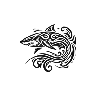 Sticker noir représentant un requin tribal courbé, orné de vagues, de spirales et de lignes fluides