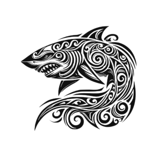 Sticker noir représentant un requin tribal à la gueule ouverte, orné de spirales et de vagues stylisées