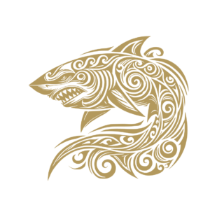 Sticker noir représentant un requin tribal à la gueule ouverte, orné de spirales et de vagues stylisées - Imitation Or