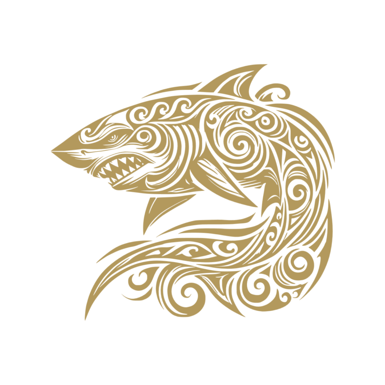 Sticker noir représentant un requin tribal à la gueule ouverte, orné de spirales et de vagues stylisées - Imitation Or