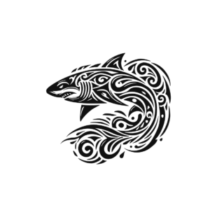 Sticker noir représentant un requin tribal courbé, décoré de spirales et de vagues stylisées