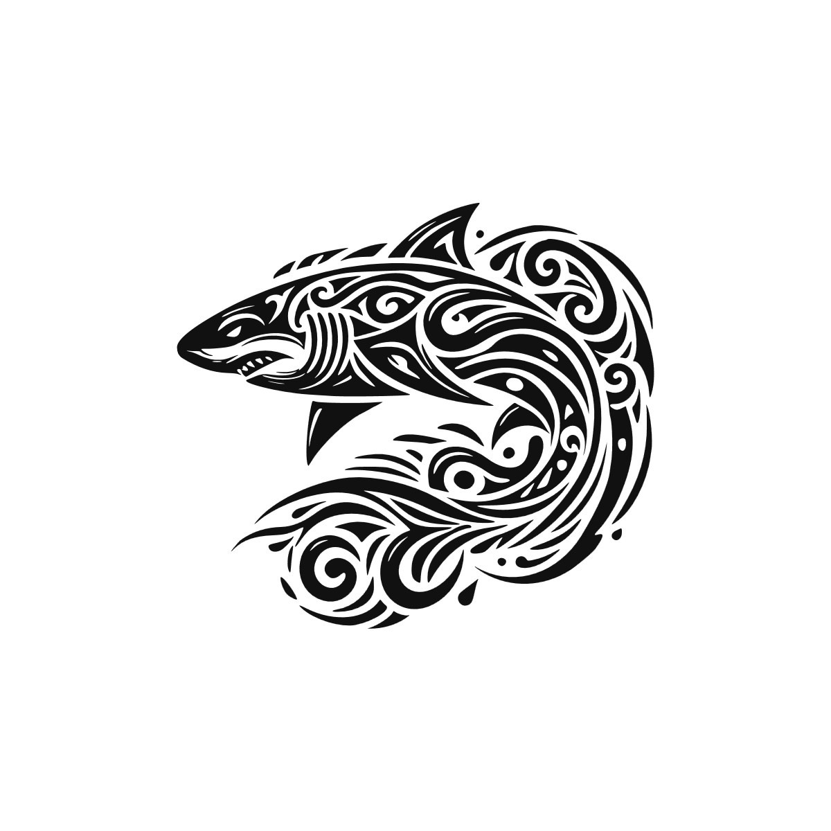 Sticker noir représentant un requin tribal courbé, décoré de spirales et de vagues stylisées