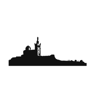 Sticker représentant la silhouette de la basilique Notre-Dame de la Garde dominant le paysage de Marseille.
