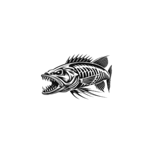 Sticker noir représentant un squelette de poisson carnassier avec une gueule ouverte et des dents acérées