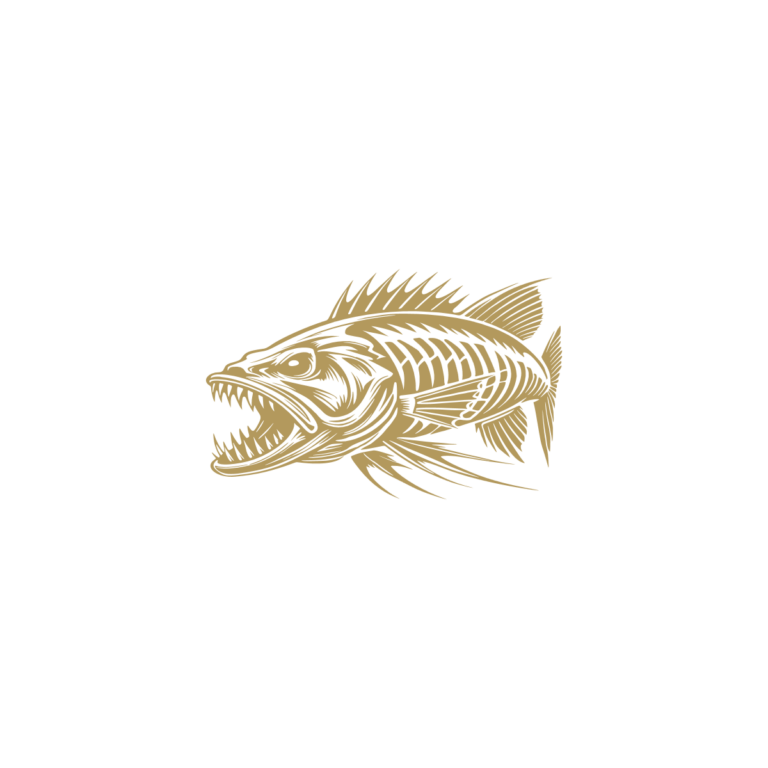 Sticker noir représentant un squelette de poisson carnassier avec une gueule ouverte et des dents acérées - Imitation Or