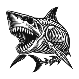 Sticker noir représentant un squelette de requin agressif, gueule ouverte et crocs acérés