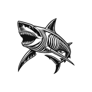 Sticker noir représentant un squelette de requin aux mâchoires ouvertes et aux dents acérées