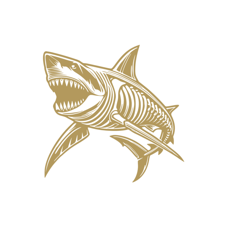 Sticker noir représentant un squelette de requin aux mâchoires ouvertes et aux dents acérées - Imitation Or